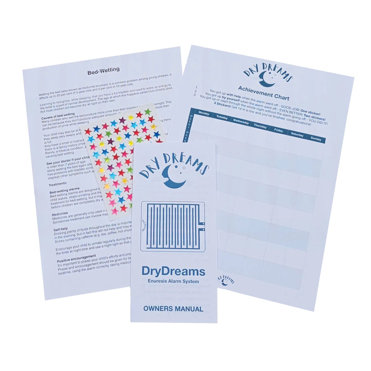 Dry dreams fact sheet, achievement chart with stickers and and manual laid out